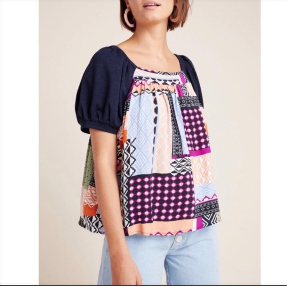 Maeve Catania Patchwork Printed Puff Sleeves Top